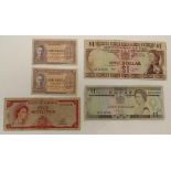 Five various Jamaican & Pacific banknotes