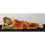 Burmese carved timber lying polychrome Buddha