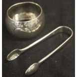 Sterling silver napkin ring & pair of sugar tongs