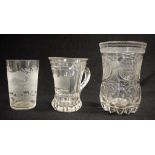 Two antique European etched glass cups & a vase