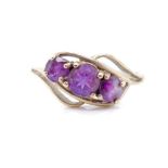 Three stone amethyst set 9ct yellow gold ring