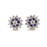 Two tone gold, sapphire & diamond cluster earrings