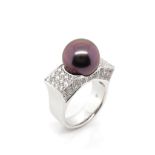 Tahitian pearl, diamond and 18ct white gold ring