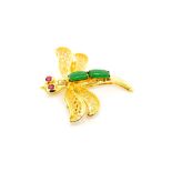 Jade set 14ct yellow gold dragonfly brooch