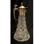 Sterling silver and hobnail cut crystal claret jug