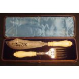 Antique pair silver plate & ivory fish servers