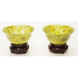 Pair Chinese spinach jade bowls with stands