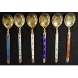 Cased set of six sterling silver & enamel spoons