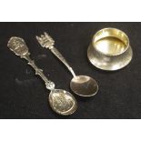 Sterling silver salt cellar & two souvenir spoons