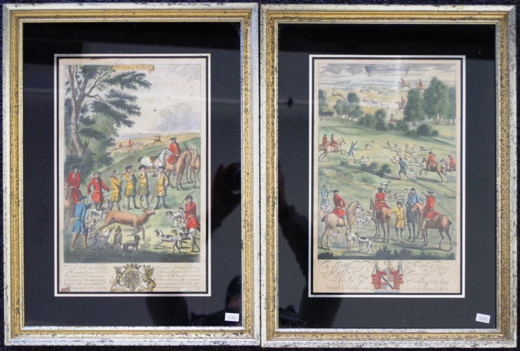 Two framed antique coloured hunting engravings