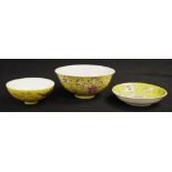 Three Chinese famille jaune ceramic pieces