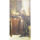 European Scholl framed oil Figure in Church