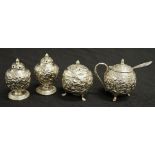 Four piece Indonesian silver cruet set