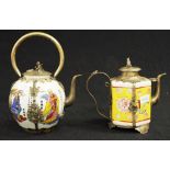 Two Chinese metal encased ceramic teapots