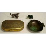 Brass tobacco box, a bronze fish shaped dish