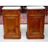 Pair of French walnut marble top cabinets
