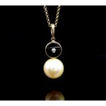 Pearl, diamond and onyx set rose gold pendant