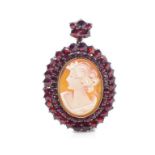 Antique cameo and garnet set silver pendant