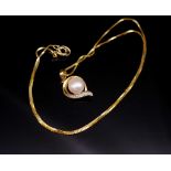 Pearl, diamond and 9ct yellow gold pendant and box