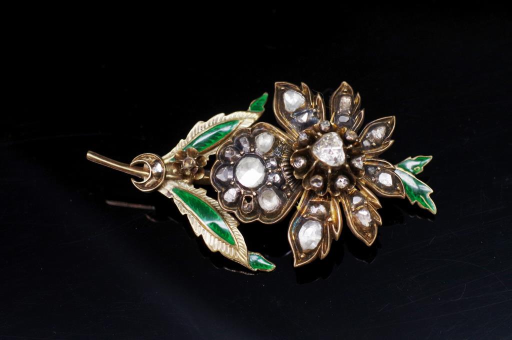 19th C. Rose cut diamond and enamel set brooch