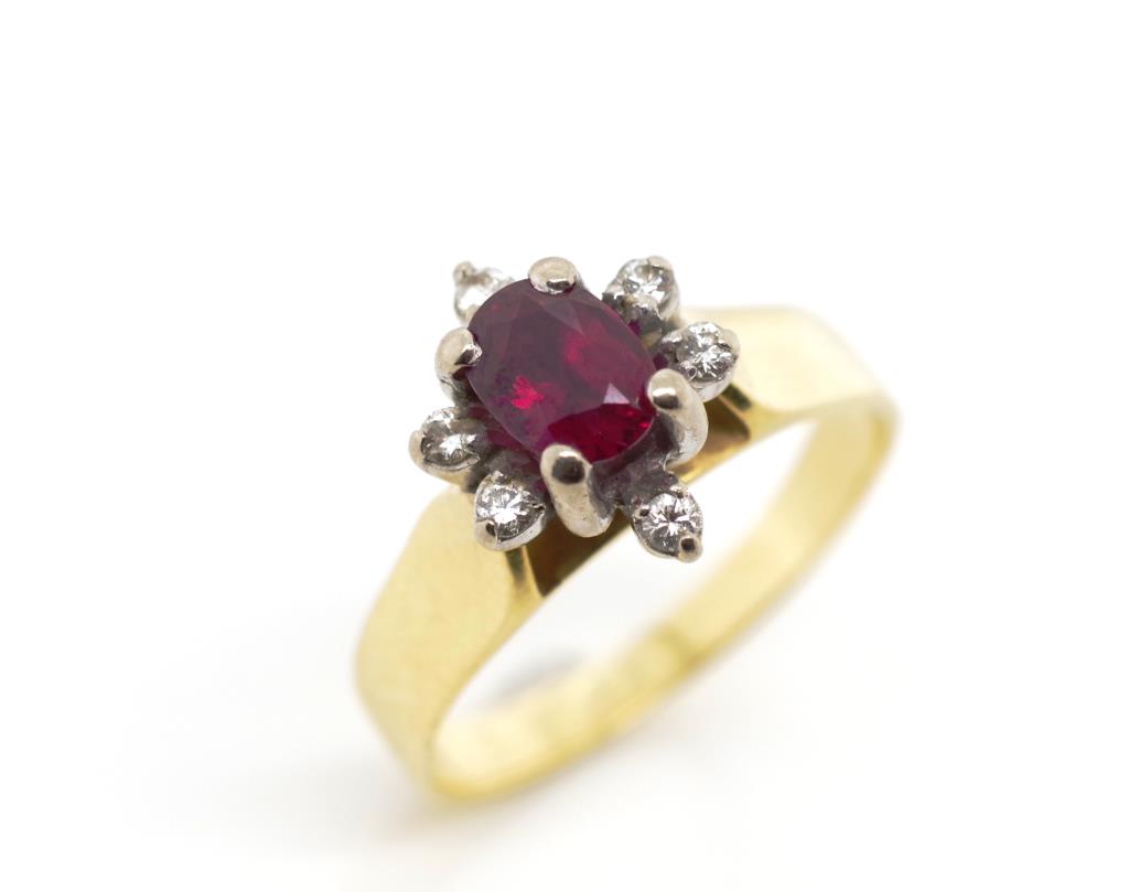 Ruby and diamond set 18ct yellow gold ring