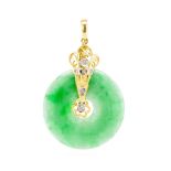 Jade bi disc, diamond and yellow gold pendant