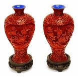 Pair Chinese cinnabar table vases & stands
