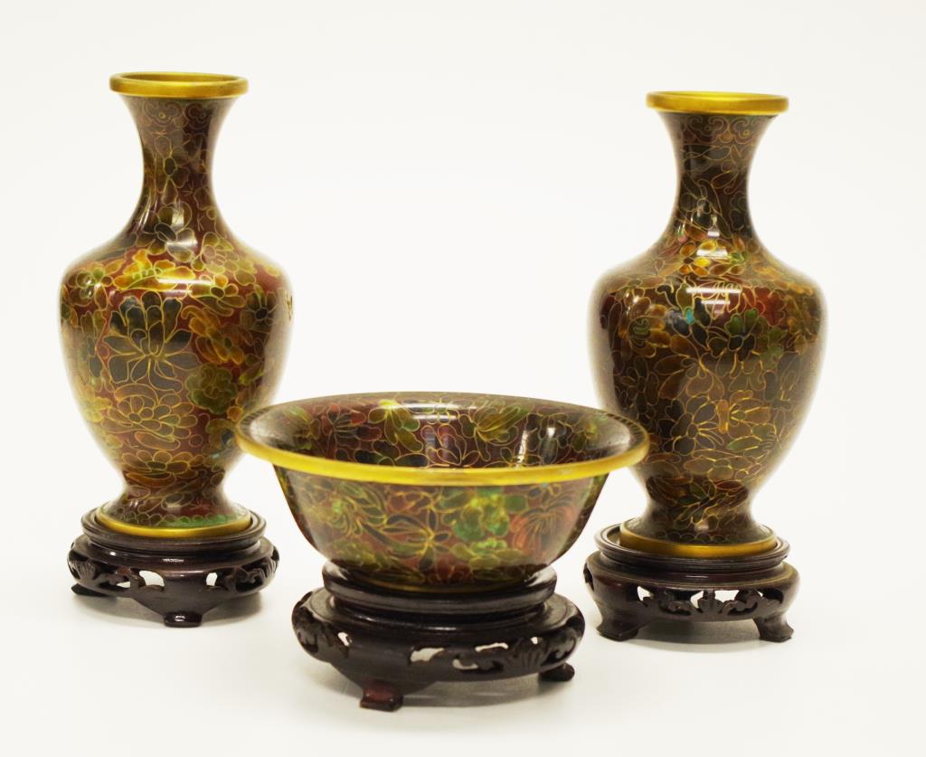 Pair Chinese cloisonne vases & stands - Image 3 of 3