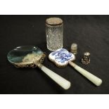 Magnifying glass, hand mirror, 2 thimbles