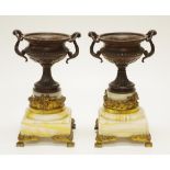 Pair vintage bronze urns with alabaster bases