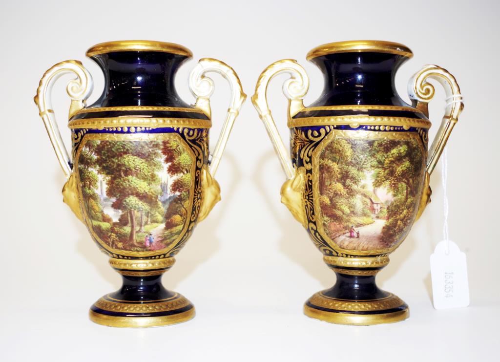 Pair antique H.S. Hancock Derby hand painted vases