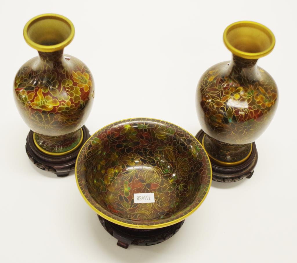 Pair Chinese cloisonne vases & stands - Image 2 of 3