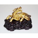 Chinese brass Qilin figure & carved wood stand