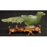 Chinese greenstone bird figure on stand