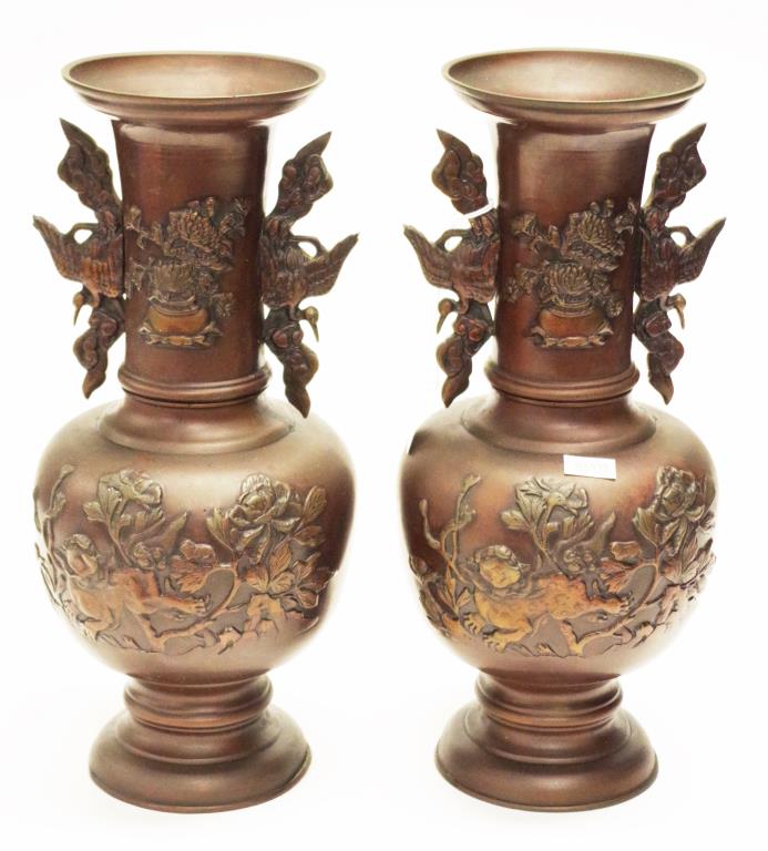 Pair Japanese decorated brass vases