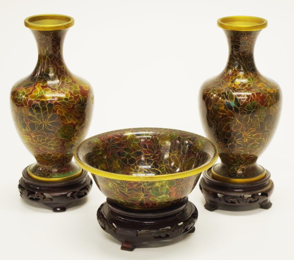 Pair Chinese cloisonne vases & stands