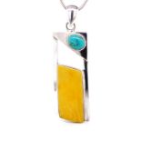 Butterscotch amber, turquoise and silver pendant