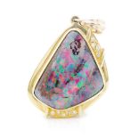 Boulder opal, diamond and yellow gold pendant