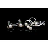 Mikimoto pearl and silver brooch and ear clips