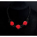 Mid century faux coral and jet choker necklace