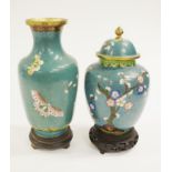 Chinese cloisonne lidded jar & vase on stands