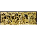 Chinese carved wood gilded village tableau