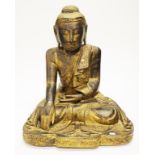 Large carved wood seated Buddha figure
