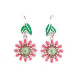 Emerald and enamel set silver flower earrings