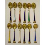 Twelve gold washed sterling & enameled spoons