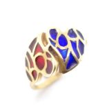 Plique a jour 18ct yellow gold double heart ring