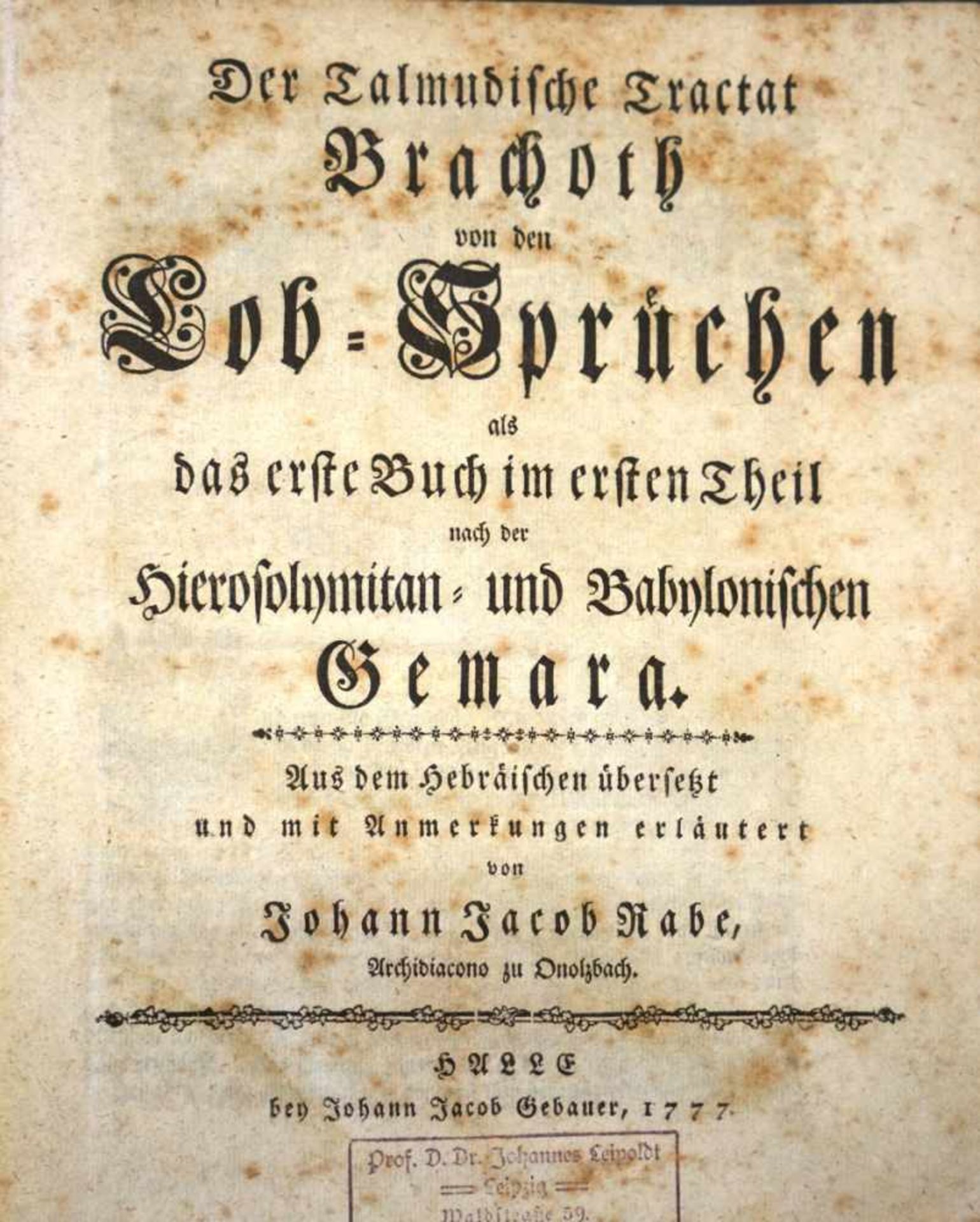 Rabe, Johann Jakob: Der Talmudische Tractat Brachoth