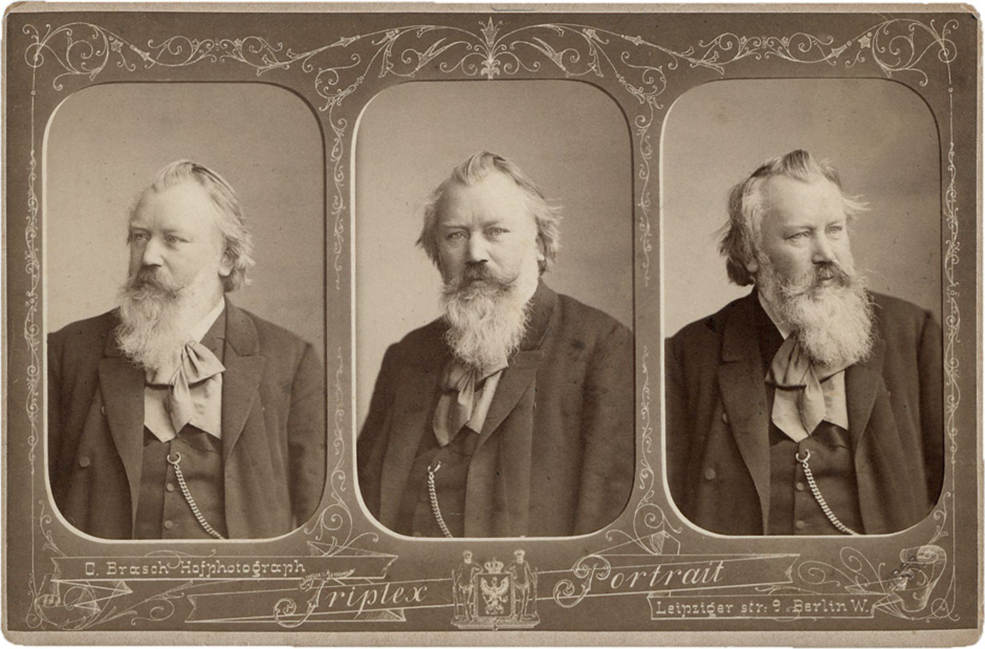 Brahms, Johannes: Triplex portrait of Johannes BrahmsPhotographer: Carl Brasch (1825-1808).