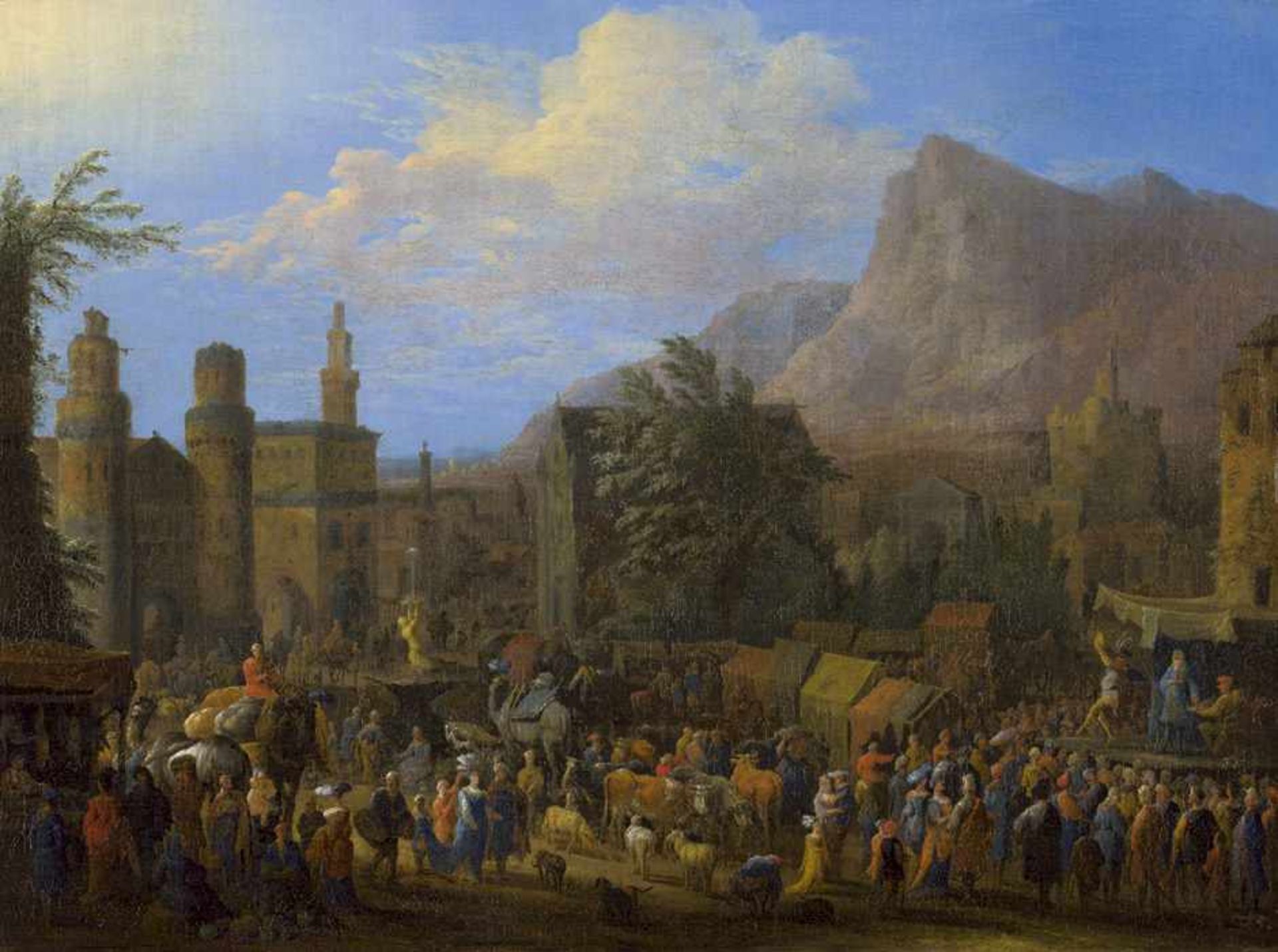 Meiren, Jan Baptist van der: Jahrmarkt mit Komödianten vor einer orientalischen StadtJahrmarkt mit