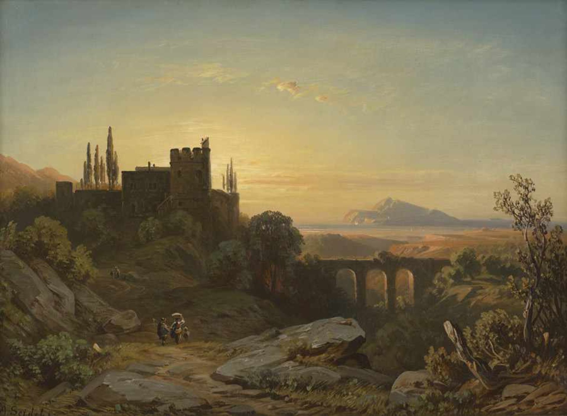 Seidel, August: Südliche Landschaft mit einer Burg im AbendlichtSüdliche Landschaft mit einer Burg